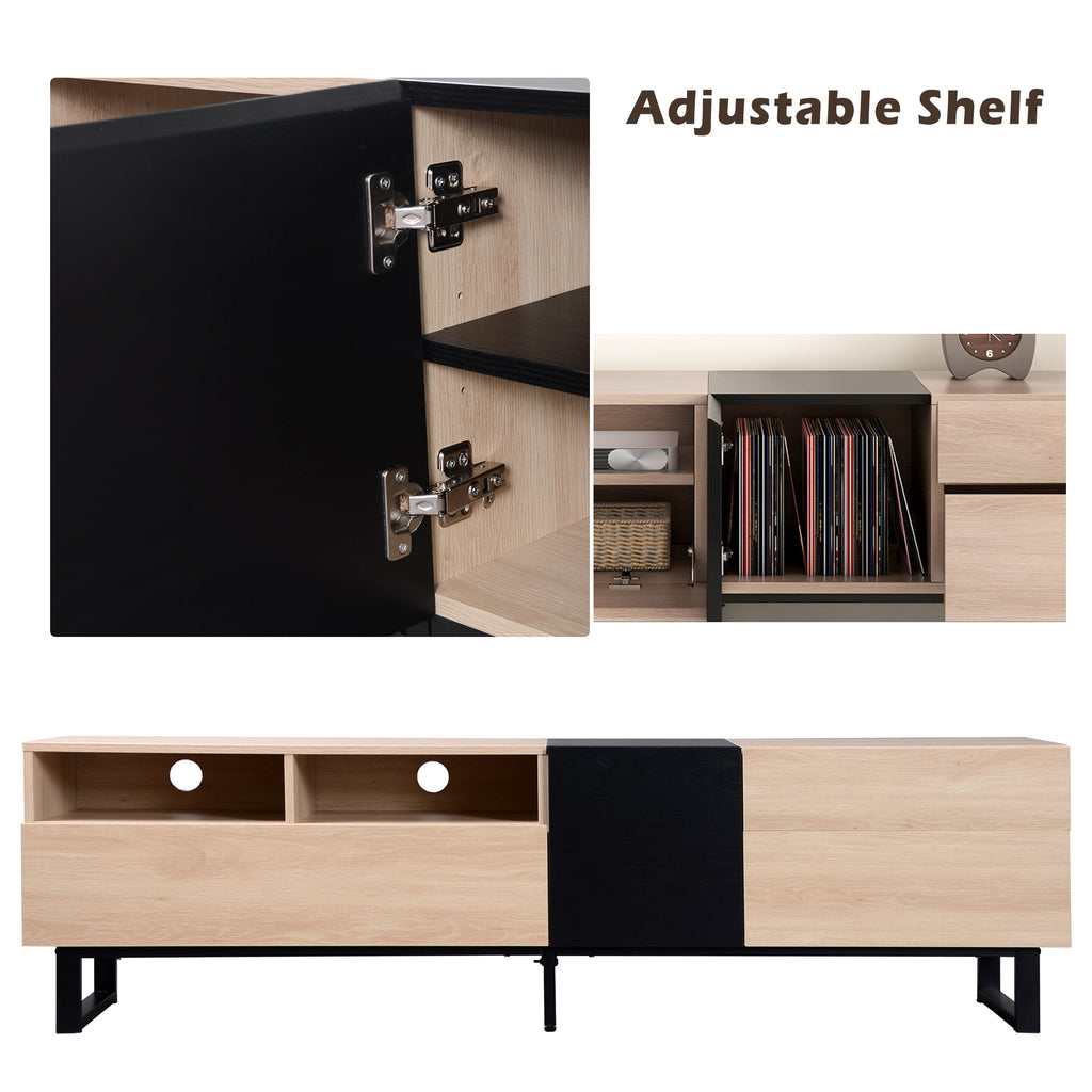 Modern TV Stand for 80'' TV with Double Storage Space, Media Console Table in Natural Wood Finish, Particle Board Construction, 70.9'' L x 15'' W x 19.7'' H - Grand Goldman Shop
