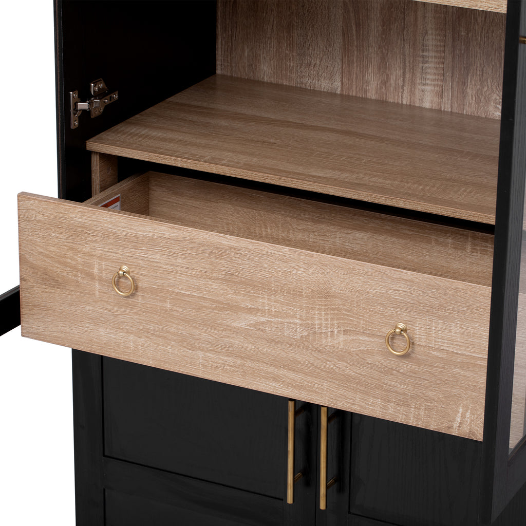 K&K 71' Tall Arched Kitchen Pantry Cabinet with Door Shelves, Farmhouse Kitchen Storage Cabinet with Open & Adjustable Shelves, Hidden Drawer & Glass Door, Cupboard for Kitchen, Dining Room, Black - Grand Goldman Shop