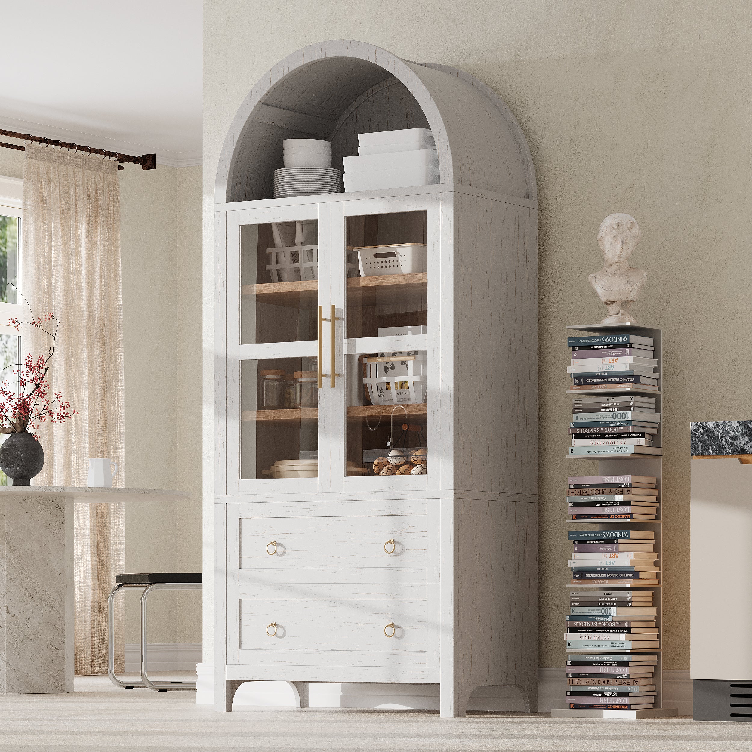 K&K 71' Tall Arched Kitchen Pantry Cabinet with 2 Large Drawers, Modern Farmhouse Kitchen Storage Cabinets with Adjustable Shelves, Glass Door, Wood Versatile Cupboard for Kitchens, Dining Room, White - Grand Goldman Shop