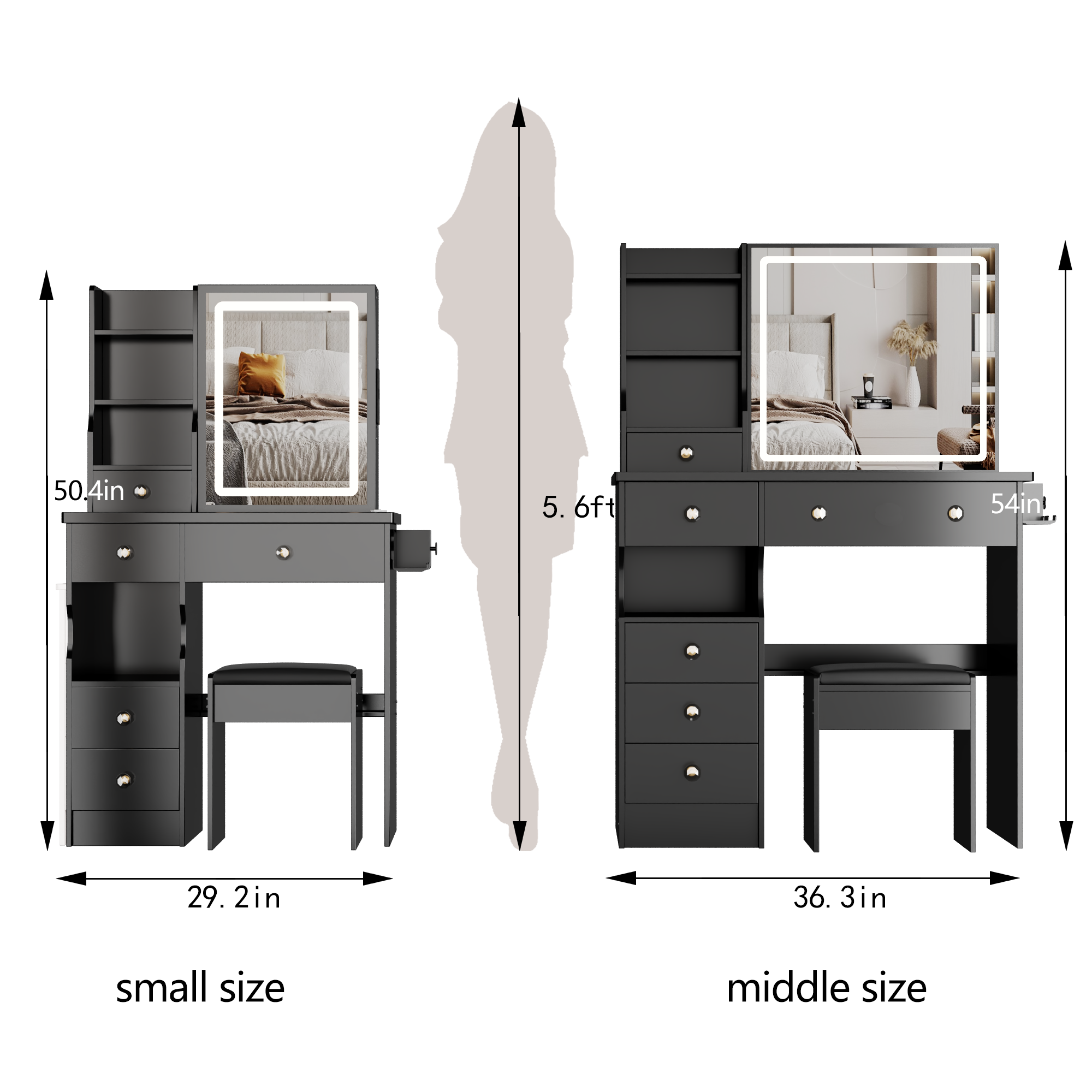 29.2' Small Size Drawer Desktop Vanity Table + Cushioned Stool, 2 AC+2 USB Power Station, Hair dryer bracket, Extra Large Touch Control Sliding LED Mirror, 3-color Switching, EPA, GCC, UL Certificate - Grand Goldman Shop