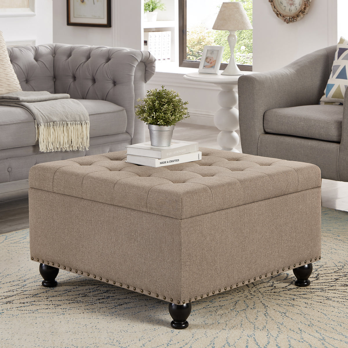 Large square storage ottoman with wooden legs, Upholstered button tufted coffee table with nail trims for for Living Space,Linen - Grand Goldman Shop