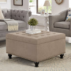 Large square storage ottoman with wooden legs, Upholstered button tufted coffee table with nail trims for for Living Space,Linen - Grand Goldman Shop
