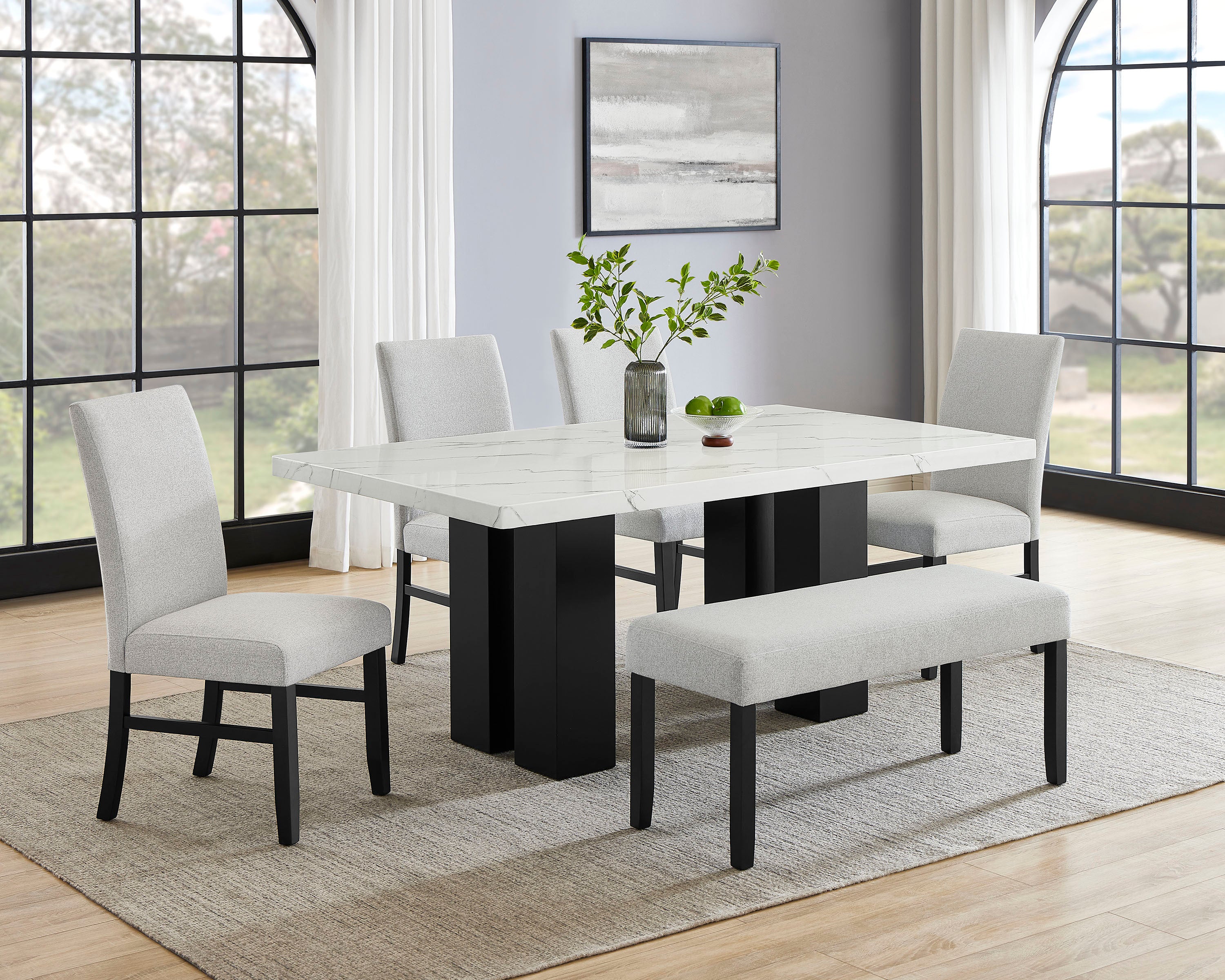 1pc Light Gray Upholstered Bench Soft Neutral Tone Dark Finish Legs Wooden Dining Room Furniture - Grand Goldman Shop