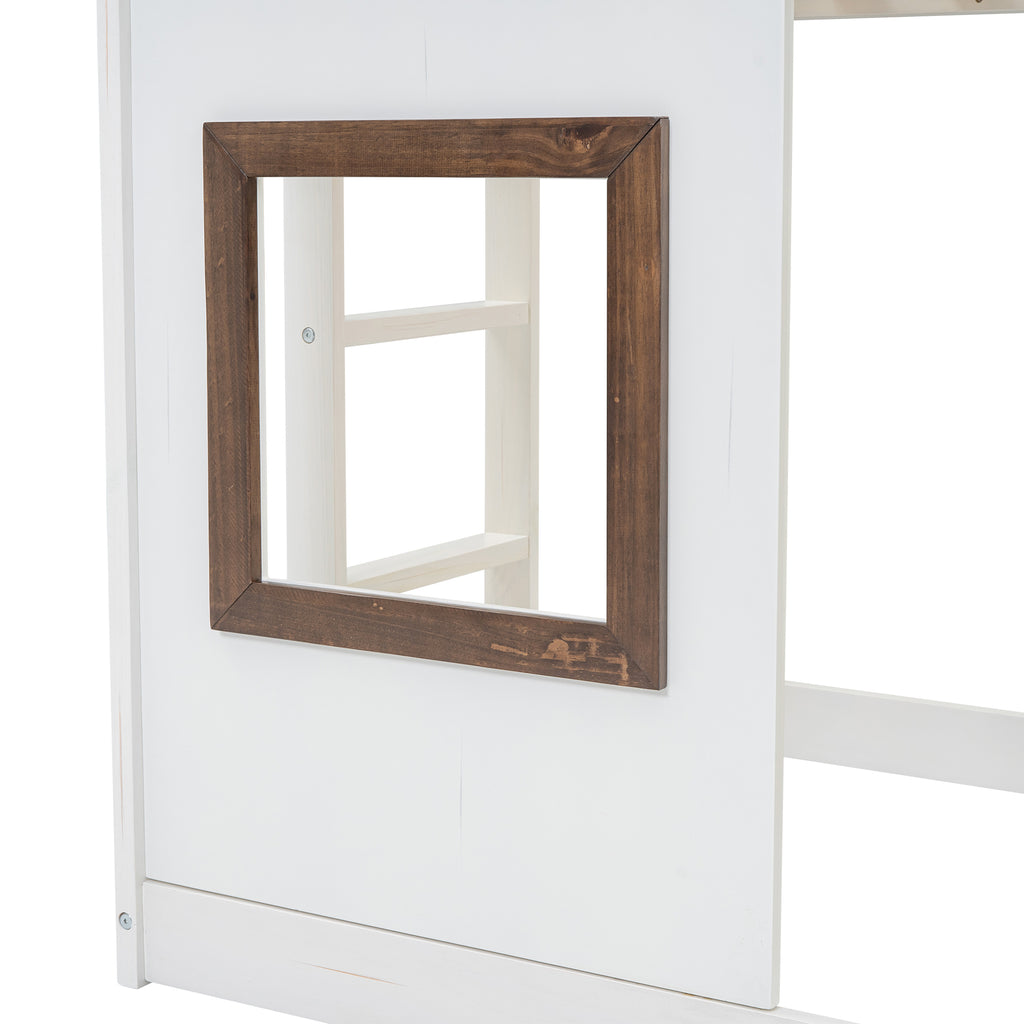 Hearth & Haven Bunk Twin Bed with House Roof, Ladder and Slide, White and Brown - Grand Goldman Shop
