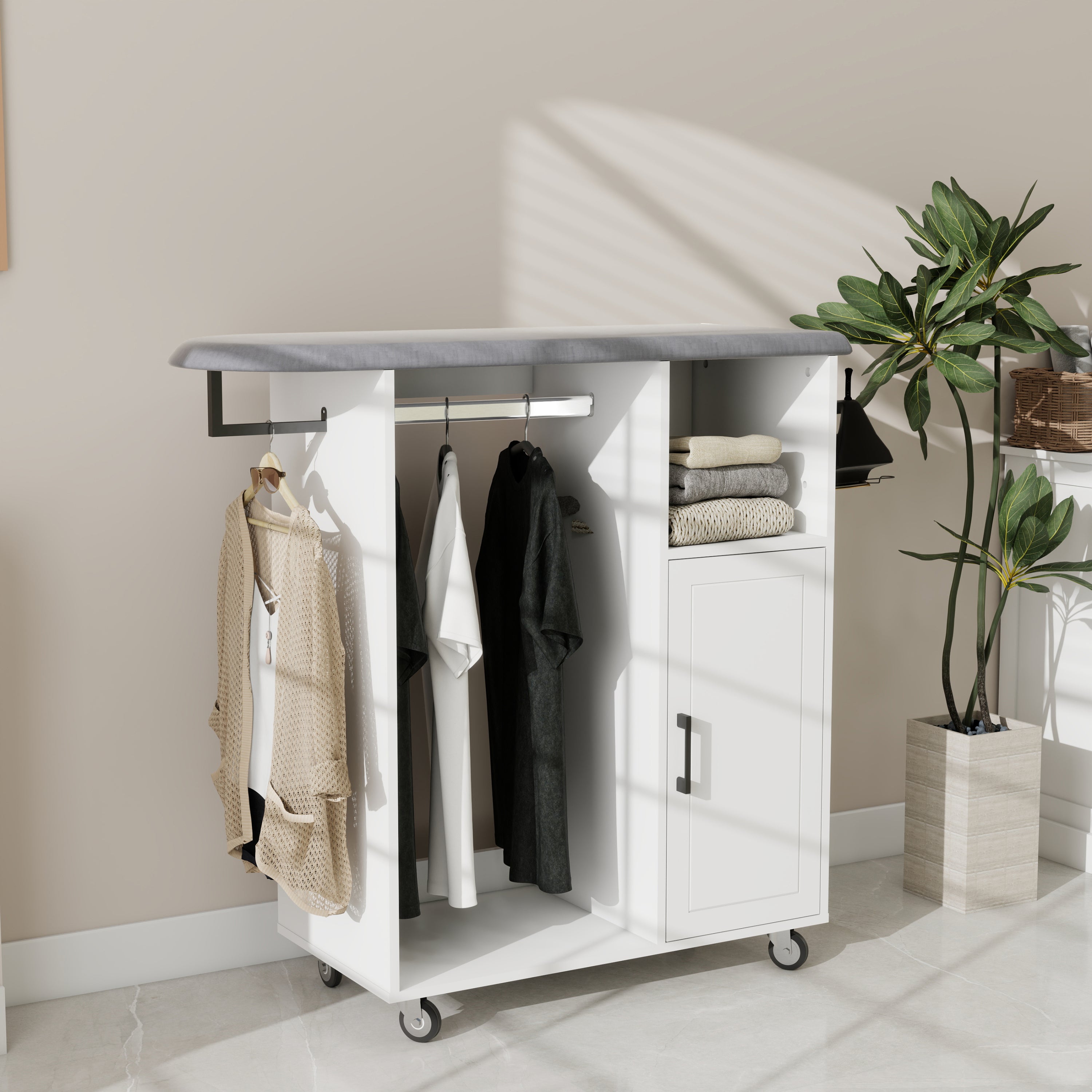 Ironing Cart with Rolling Ironing Board, Multipurpose Ironing Cabinet with Wheels, Compact Ironing Solution for Laundry Room, Bedroom,Cloakroom-White - Grand Goldman Shop