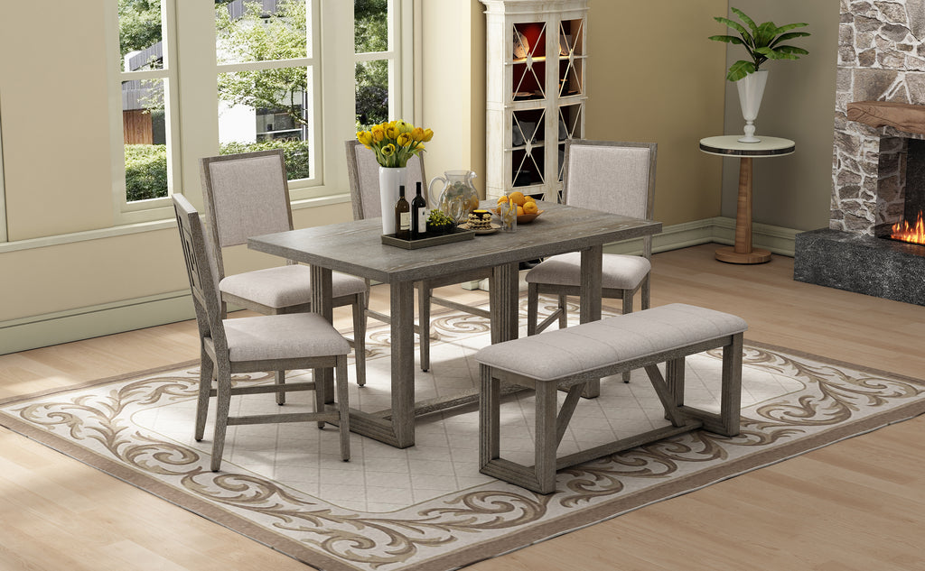 TREXM 6-Piece Retro Dining Table Set for 6, 60' Wood Kitchen Table and Chairs Set of 4 with Bench Designed Trestle Base for kitchen & Dining Room (Gray) - Grand Goldman Shop