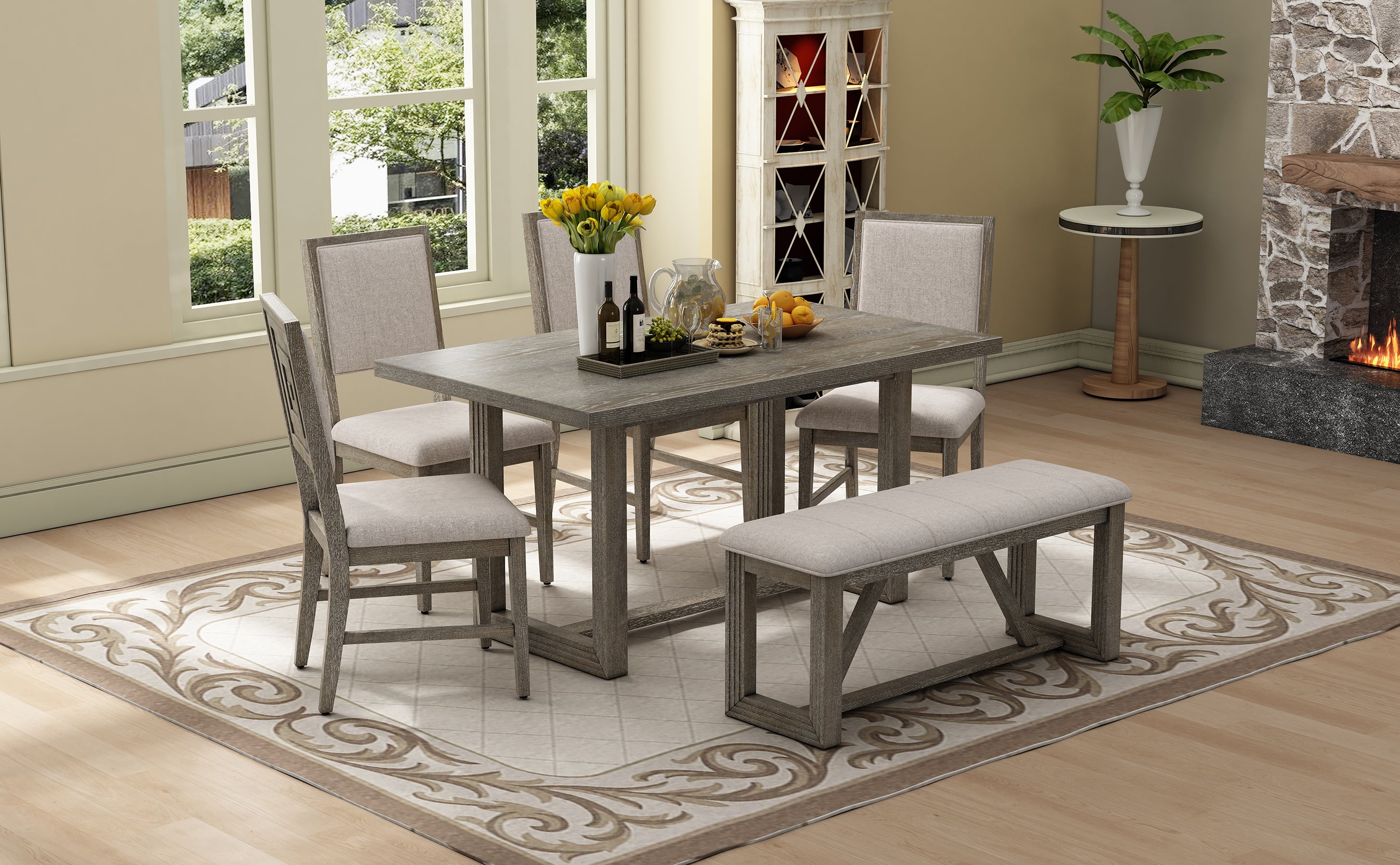 TREXM 6-Piece Retro Dining Table Set for 6, 60' Wood Kitchen Table and Chairs Set of 4 with Bench Designed Trestle Base for kitchen & Dining Room (Gray) - Grand Goldman Shop