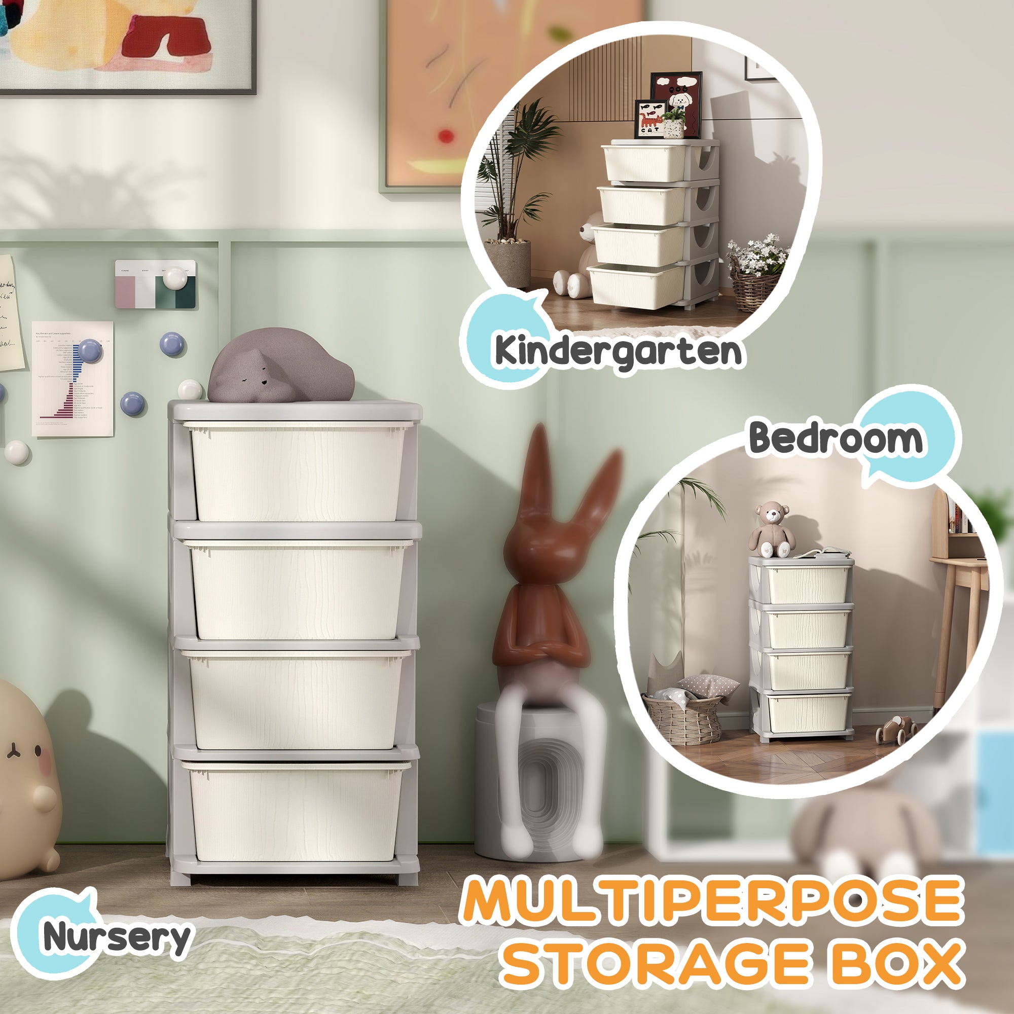 Qaba 4 Tier Kids Storage Unit, 4 Drawer Chest Toy Organizer Plastic Bins for Kids Bedroom Nursery Kindergarten Living Room fo