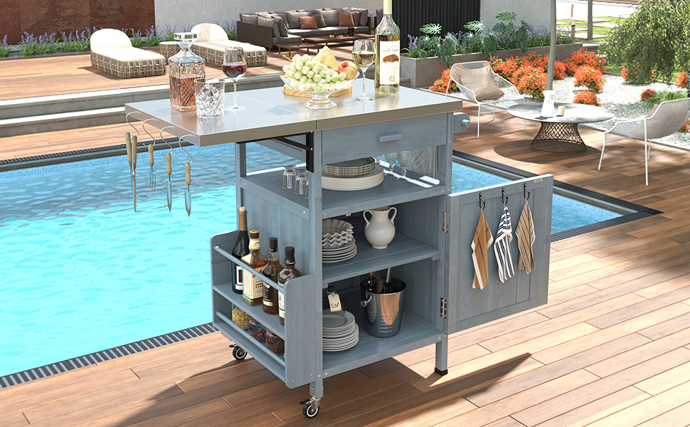 K&K 40.5' Outdoor Grill Cart with Stainless Steel Top, Solid Wood Outdoor Storage Cabinet with Drop Leaf, One Drawer, Towel Rack, Rolling Kitchen Cart with Lockable Wheels for Lawn Garden, Blue Grey - Grand Goldman Shop
