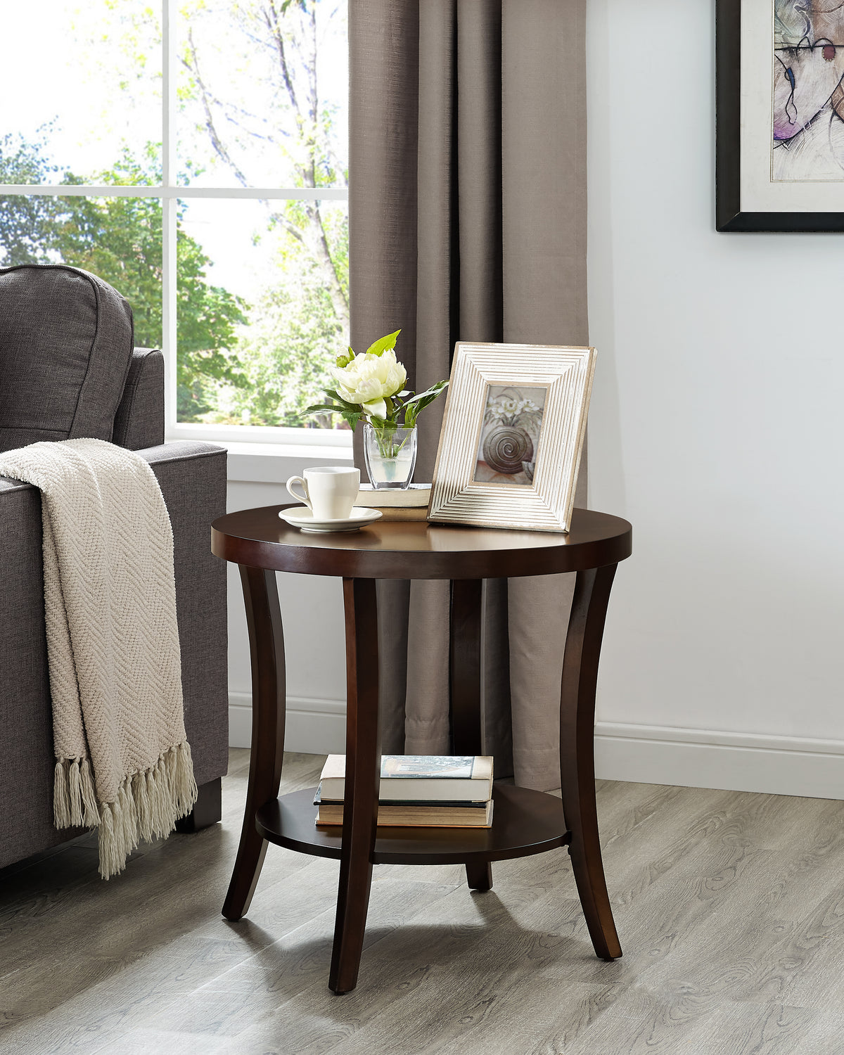 Perth Contemporary Round Shelf End Table, Espresso - Grand Goldman Shop