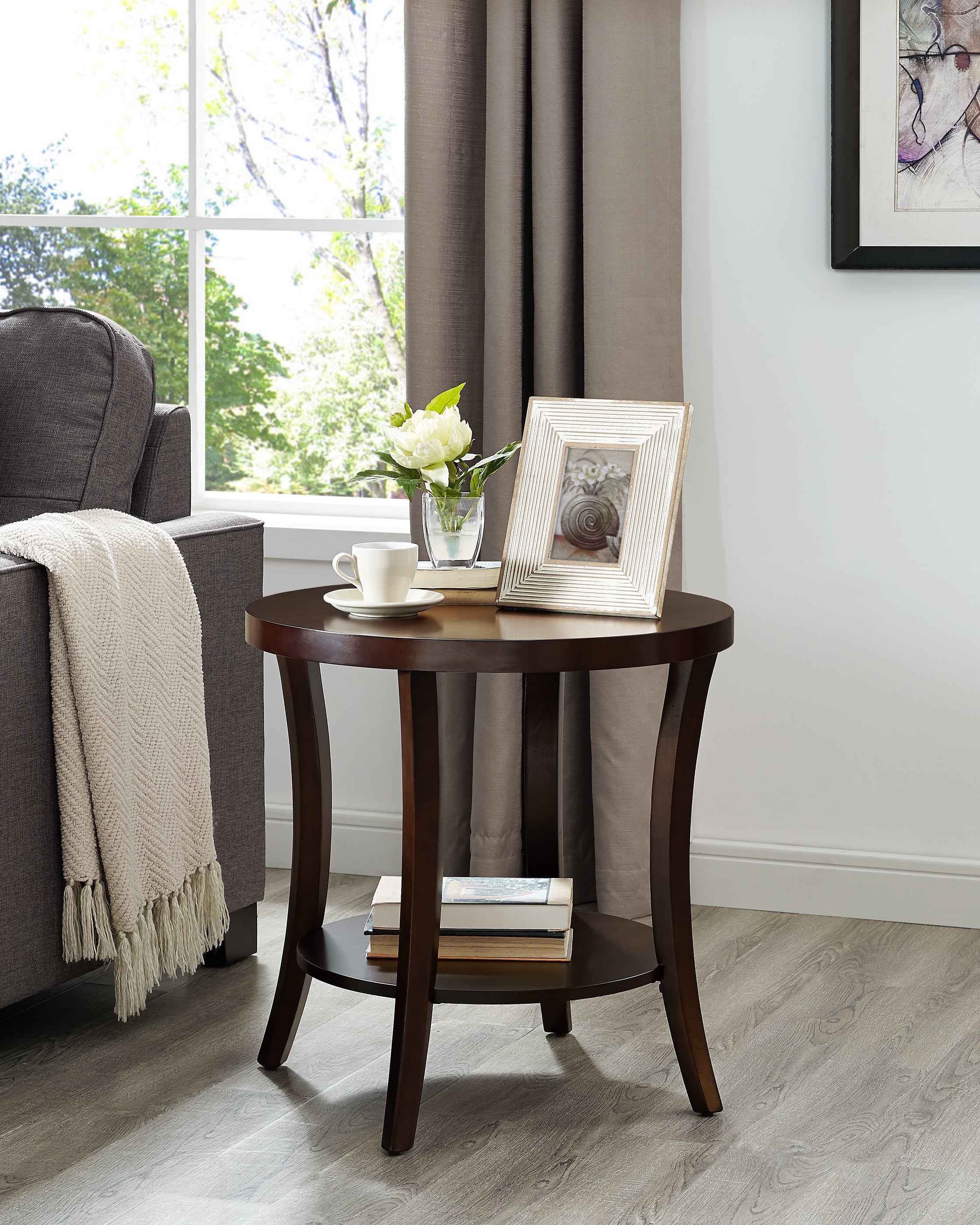 Perth Contemporary Round Shelf End Table, Espresso - Grand Goldman Shop