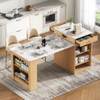 K&K 59.5'Kitchen Island with Extendable Dining Table, Kitchen Storage Table with Double-sided Storage, Kitchen Island with 2 Drawers, Power Outlet, Side Open Shelves, for Kitchen, Dining Room, Natural - Grand Goldman Shop