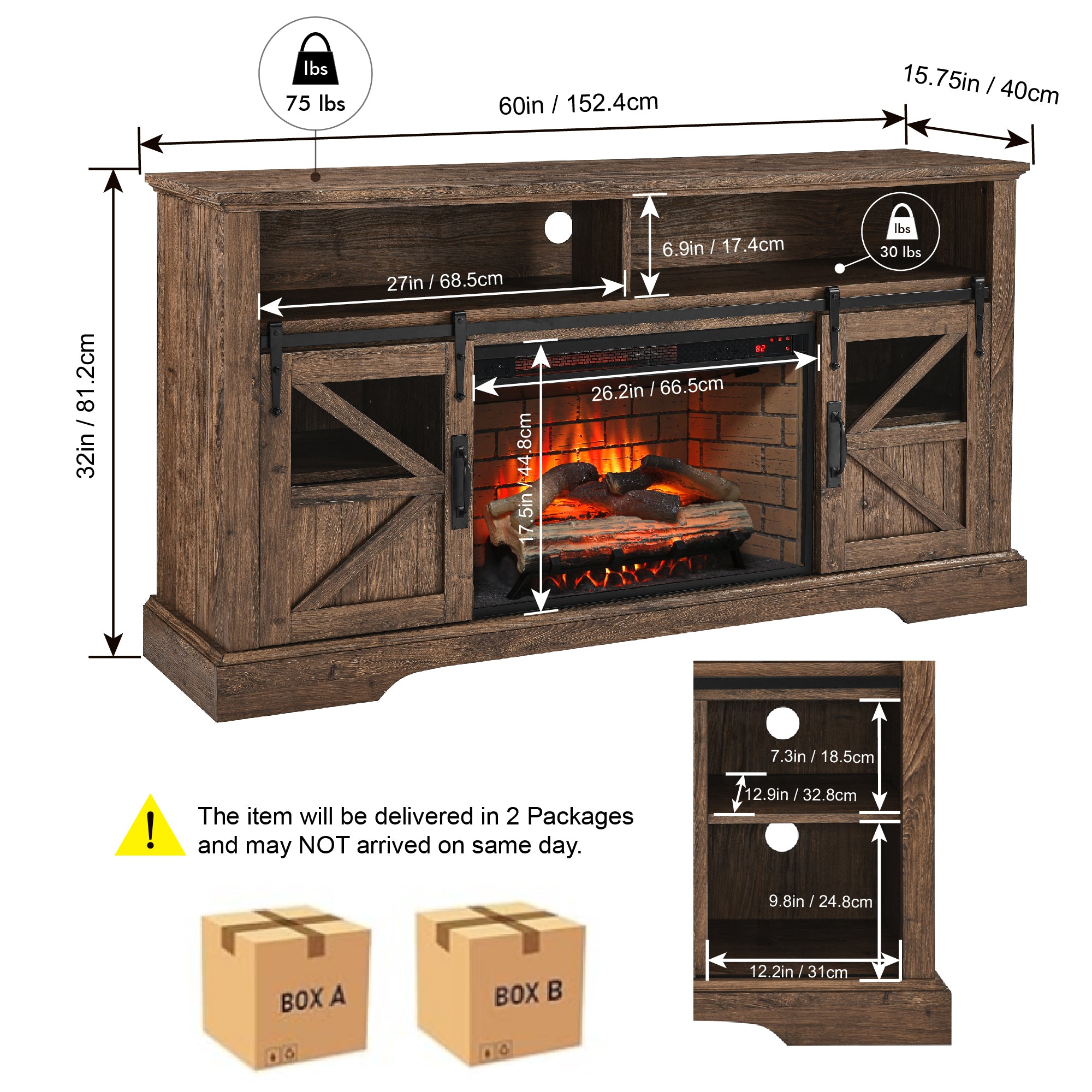 60 Inch Electric Fireplace  Entertainment Center With Door Sensor-Reclaimed Barnwood Color - Grand Goldman Shop
