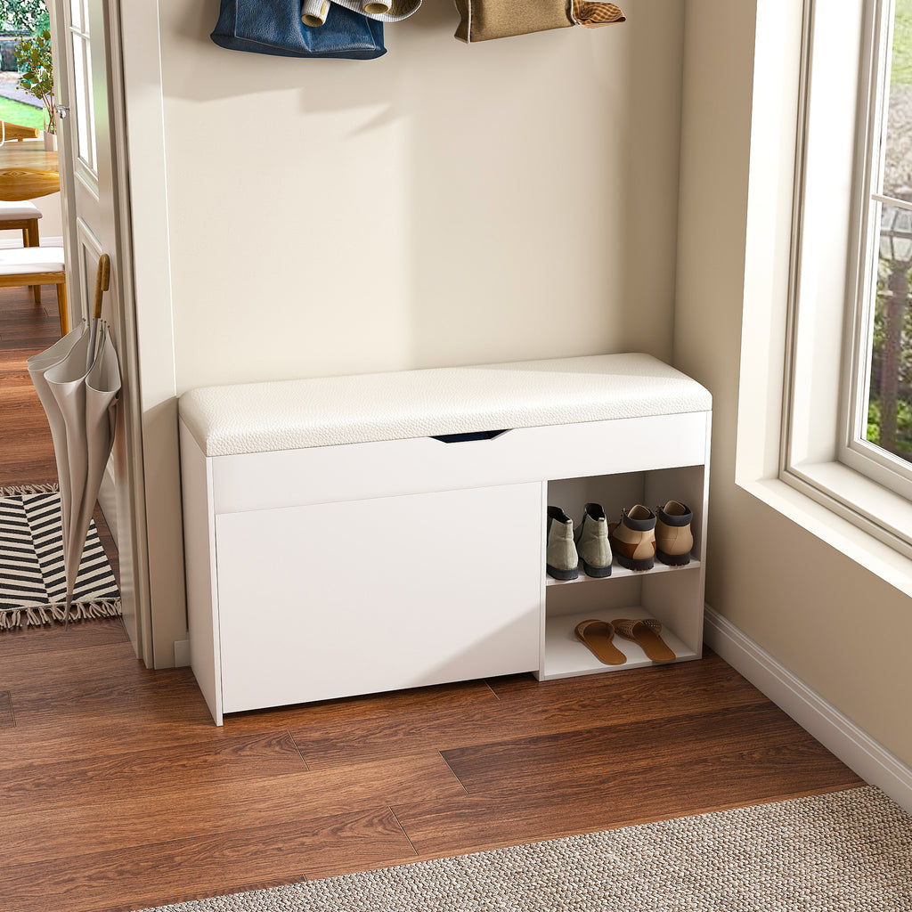 Modern Design Entryway Bench with Adjustable 3-Tier Flip-Up Drawers and Hidden Cabinet in White - Grand Goldman Shop
