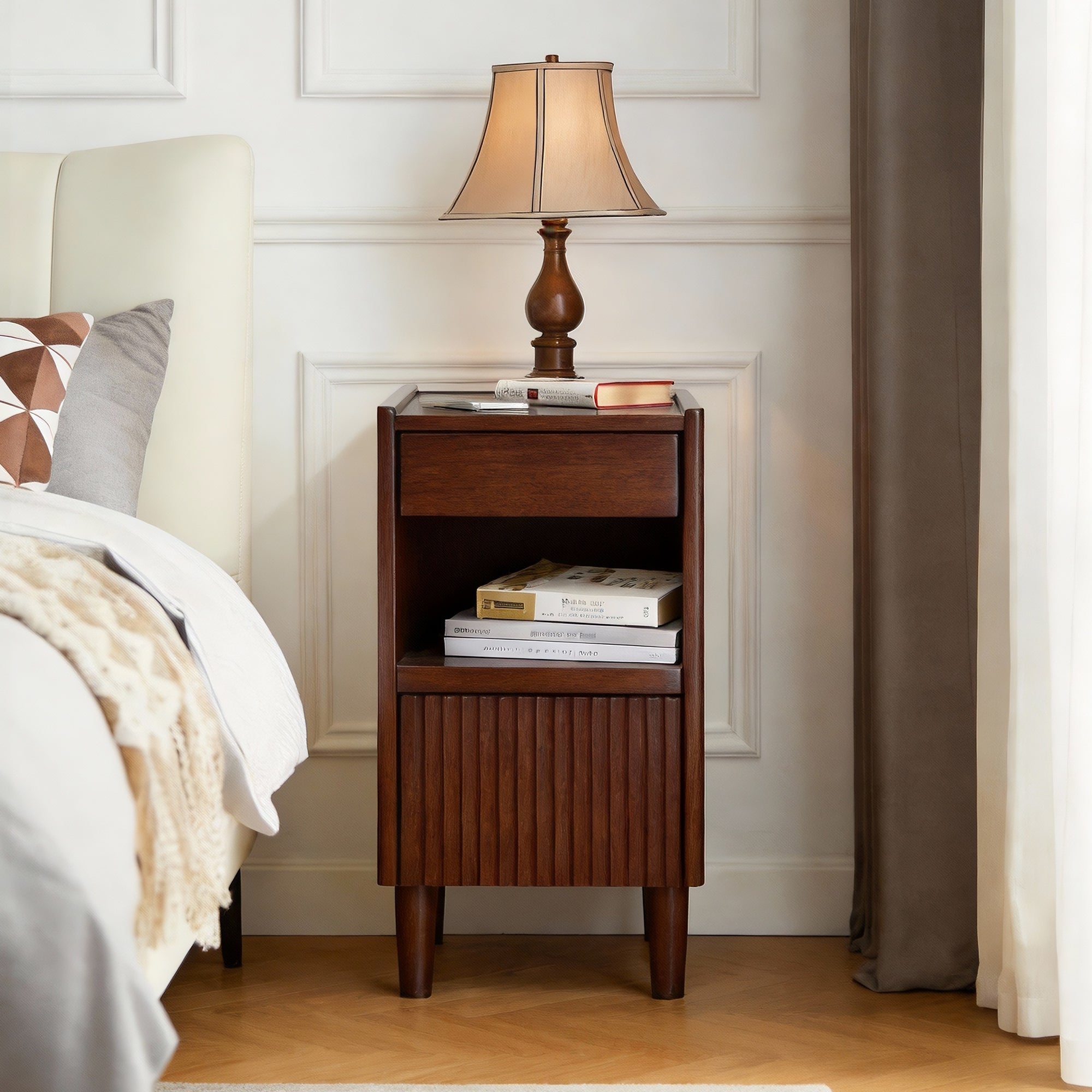 Wooden Bedside Table  with 1 Drawer Open Shelves, Wood Board Side Tables Storage Small Narrow Desk Chest of Drawer, Lamp Stand Nightstand Cabinet, Bedroom Living Room Home Furniture - Grand Goldman Shop