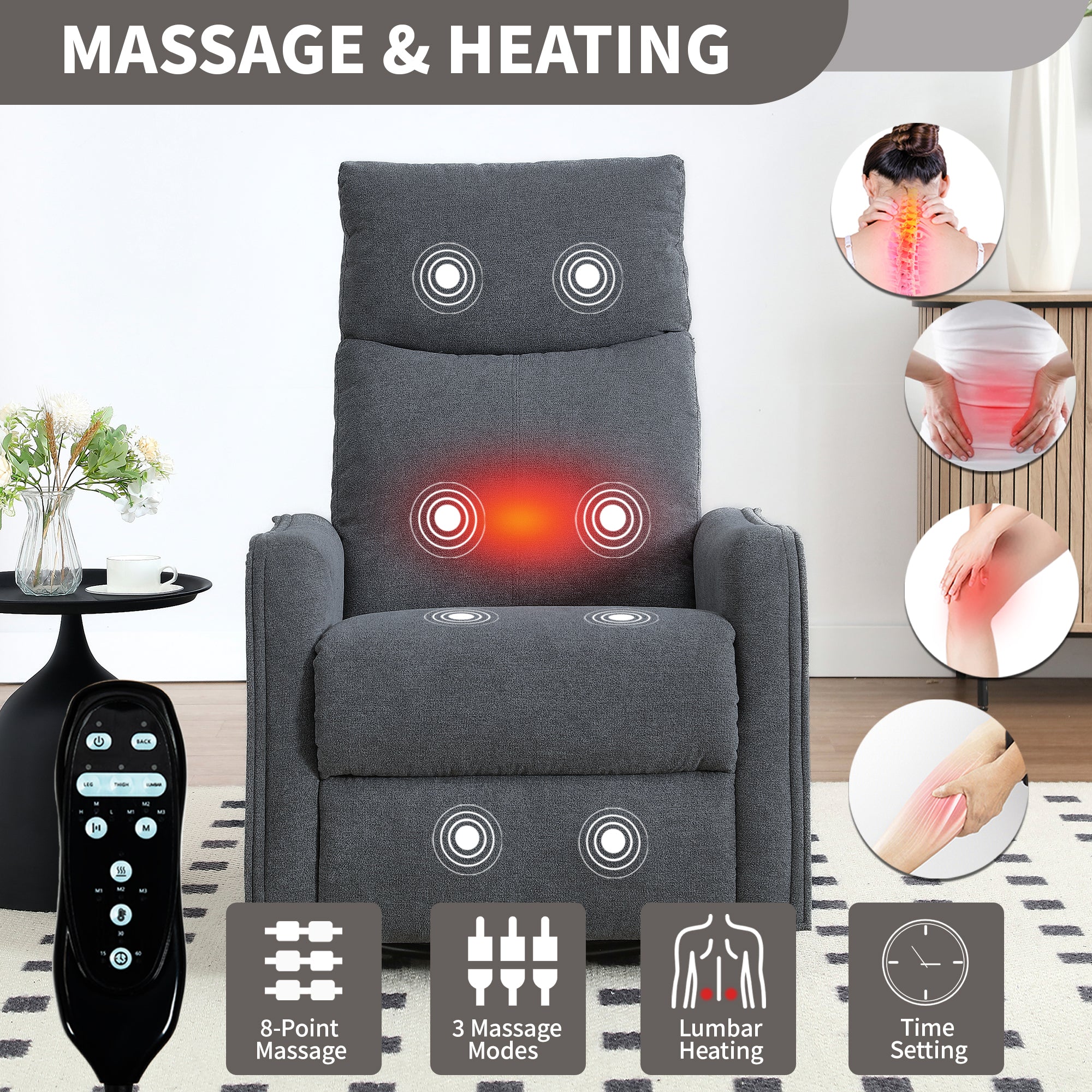 Heat Massage Manual Recliner Chair with Rocker and Swivel in Fabric for Living Room, Grey - Grand Goldman Shop