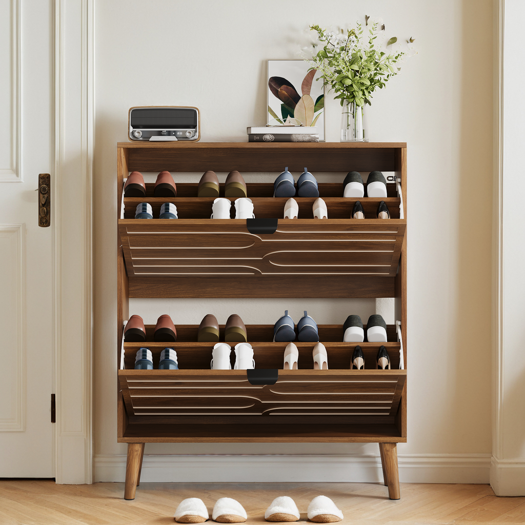 Medieval Modern Independent Shoe Cabinet with 2 Flip Drawers, Walnut MDF, 31.5-inch - Grand Goldman Shop