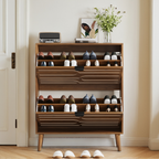 Medieval Modern Independent Shoe Cabinet with 2 Flip Drawers, Walnut MDF, 31.5-inch - Grand Goldman Shop