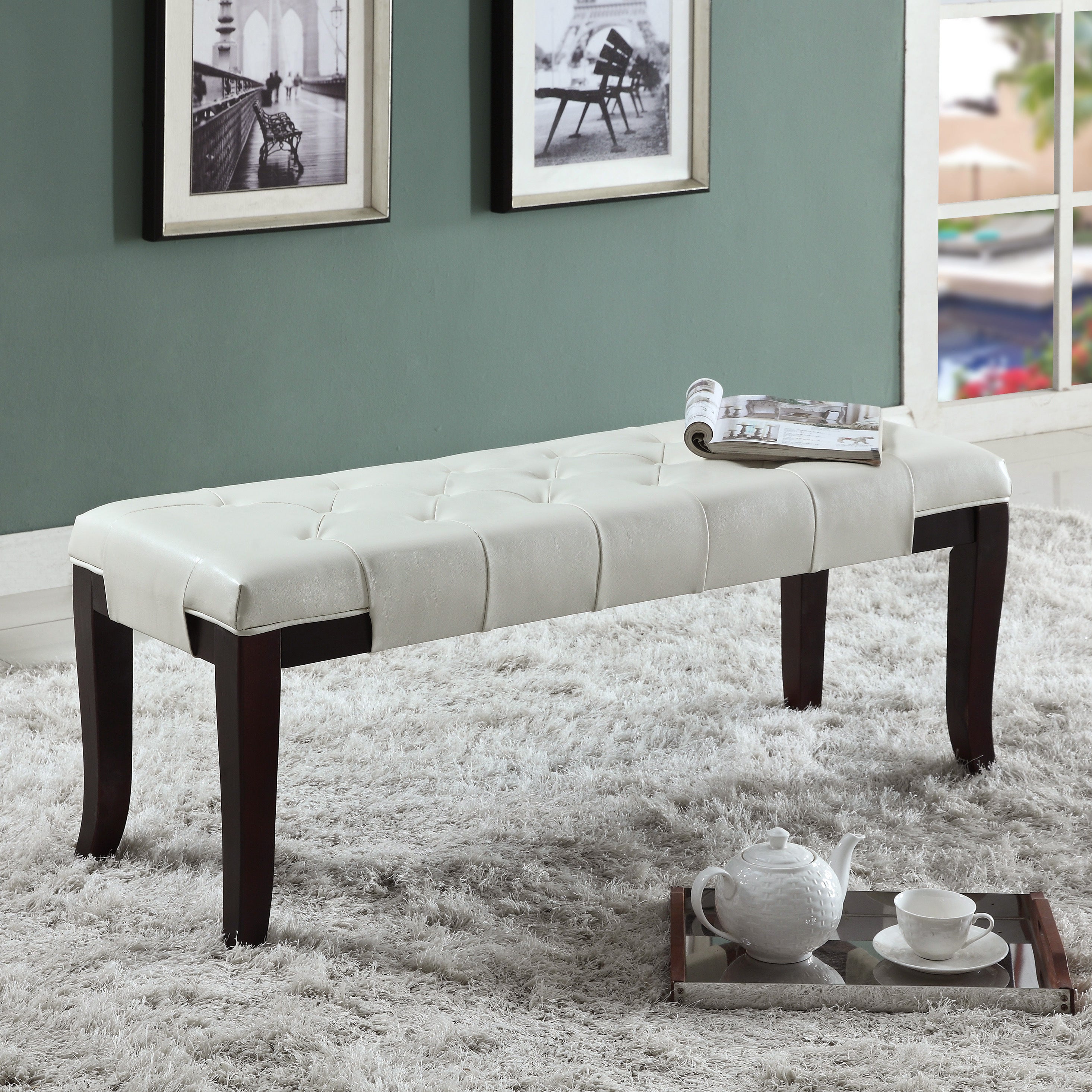 Linon Tufted Bench, Faux Leather, White - Grand Goldman Shop