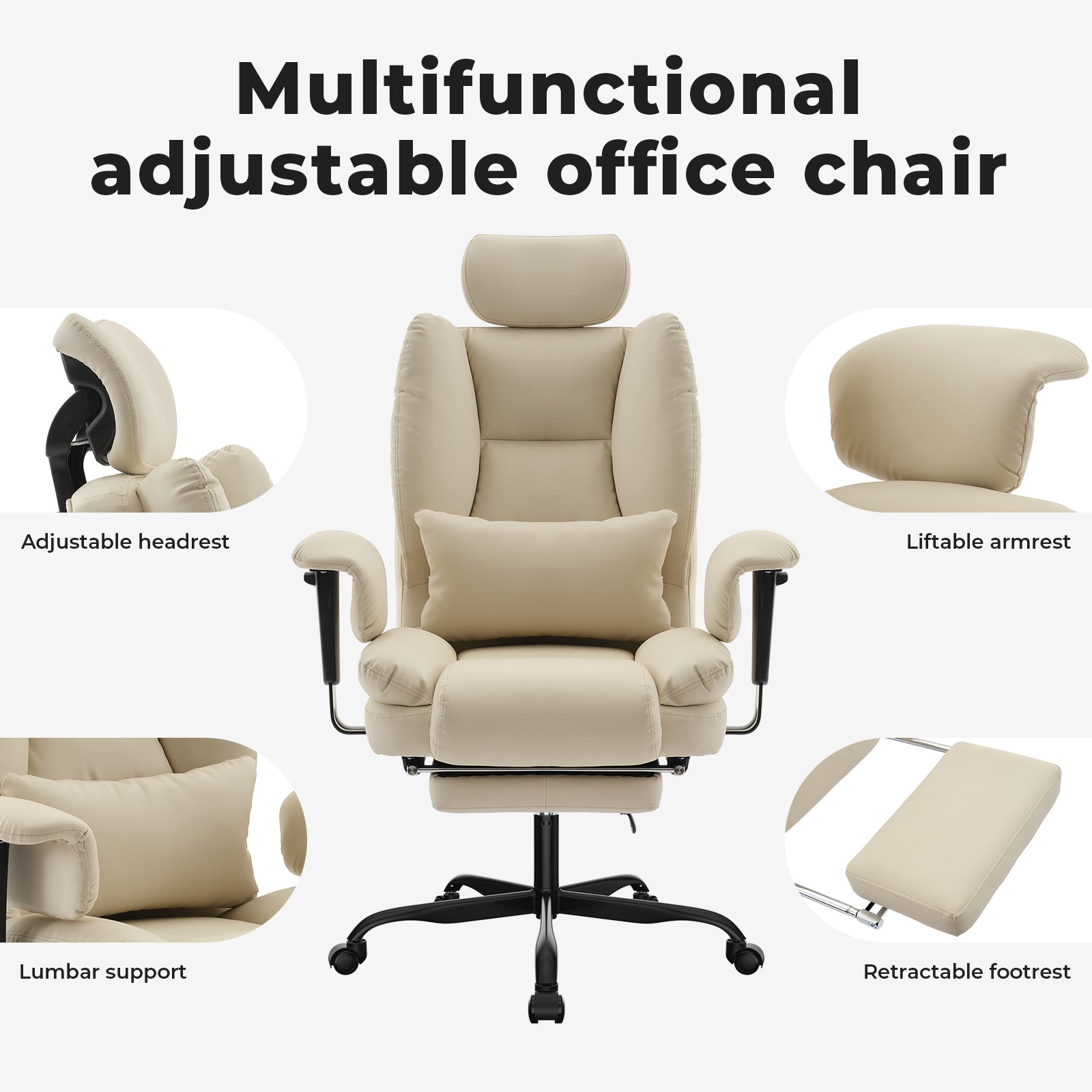 Office Chair Ergonomic 200 kg PU Leather Computer Chair with Lumbar Support and High Backrest, Ergonomic Desk Chair with Lift