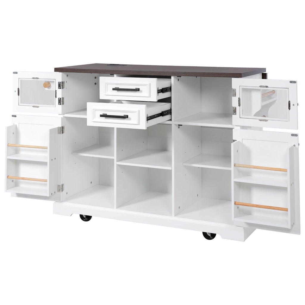 K&K 54.9' Kitchen Island with Drop Leaf, Power Outlet, Kitchen Storage Cart with 4 Door Shelves, Cross Barn Doors & Visual Glass Door, Rolling Kitchen Island on 4 Wheels for Kitchen, Dining Room,White - Grand Goldman Shop