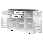 K&K 54.9' Kitchen Island with Drop Leaf, Power Outlet, Kitchen Storage Cart with 4 Door Shelves, Cross Barn Doors & Visual Glass Door, Rolling Kitchen Island on 4 Wheels for Kitchen, Dining Room,White - Grand Goldman Shop