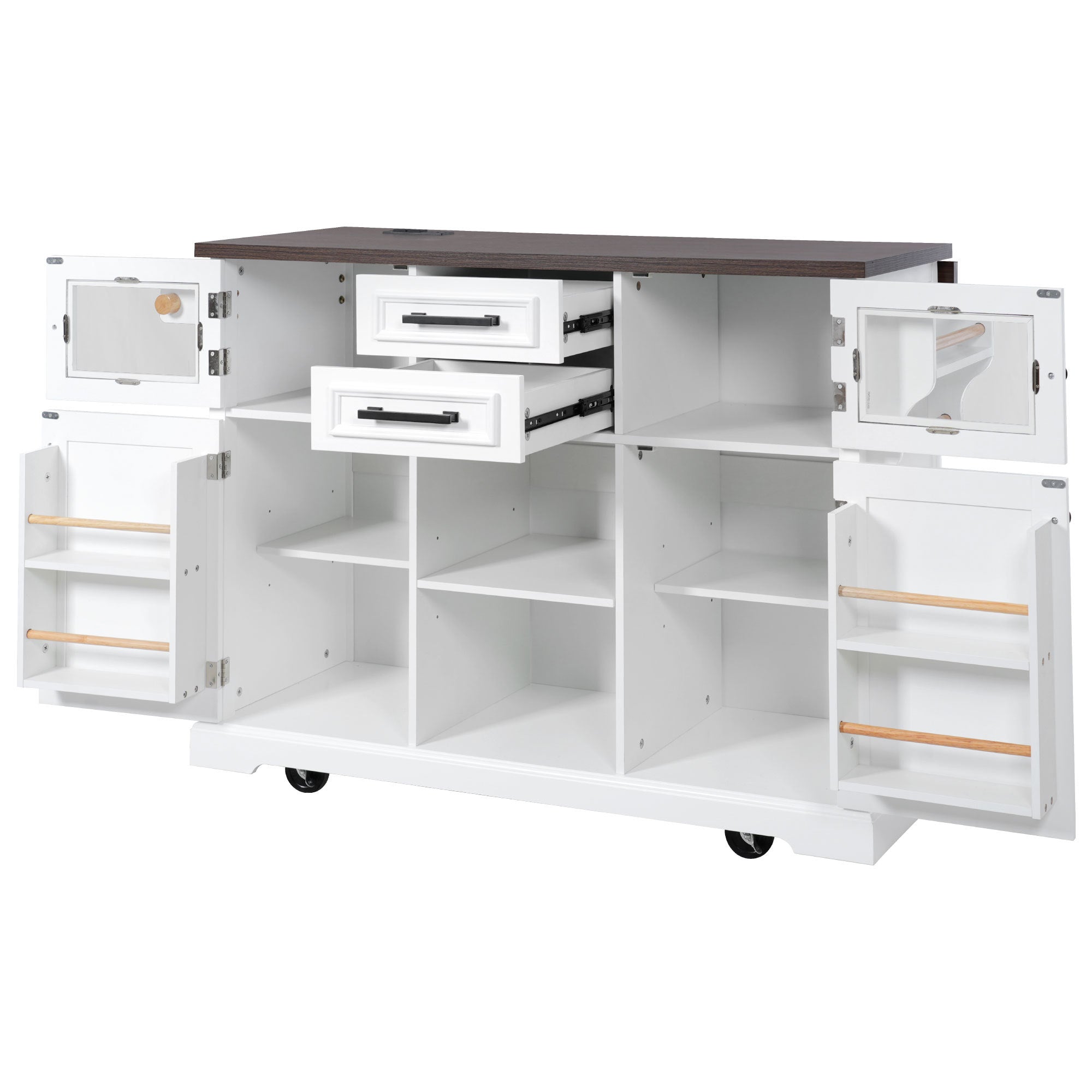 K&K 54.9' Kitchen Island with Drop Leaf, Power Outlet, Kitchen Storage Cart with 4 Door Shelves, Cross Barn Doors & Visual Glass Door, Rolling Kitchen Island on 4 Wheels for Kitchen, Dining Room,White - Grand Goldman Shop