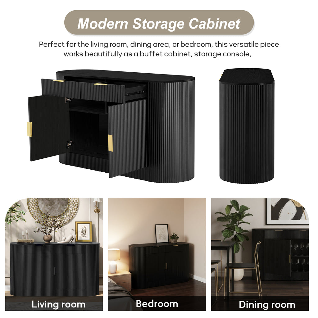 U_STYLE 55.1' Modern Storage Cabinet – 2 Doors & 2 Drawers, Stripe MDF Sideboard with Aluminum Handles, Curved Side Door & 3-Tier Shelves, Buffet Cabinet for Living Room, Bedroom, Dining Room - Grand Goldman Shop