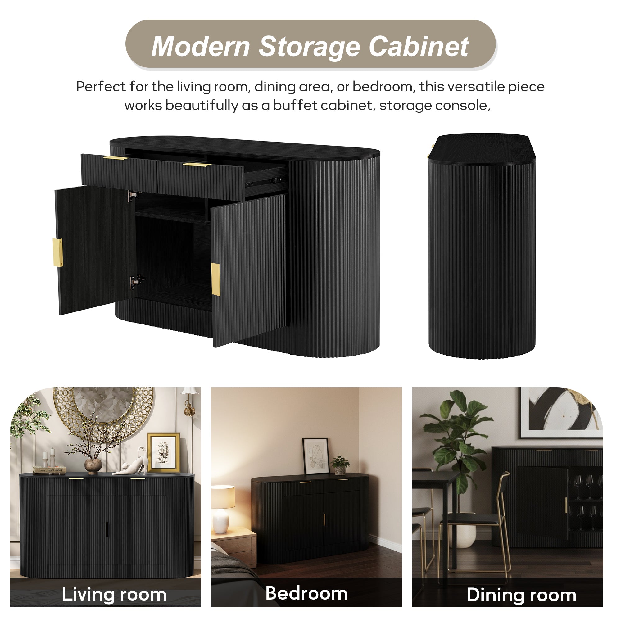 U_STYLE 55.1' Modern Storage Cabinet – 2 Doors & 2 Drawers, Stripe MDF Sideboard with Aluminum Handles, Curved Side Door & 3-Tier Shelves, Buffet Cabinet for Living Room, Bedroom, Dining Room - Grand Goldman Shop