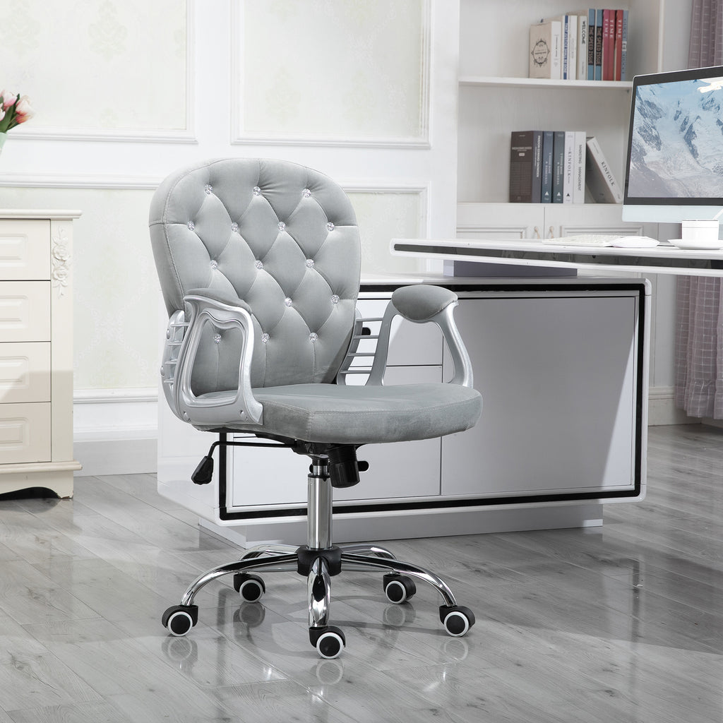 Velvet Home Office Chair, Button Tufted Desk Chair with Padded Armrests, Adjustable Height and Swivel Wheels, Gray - Grand Go