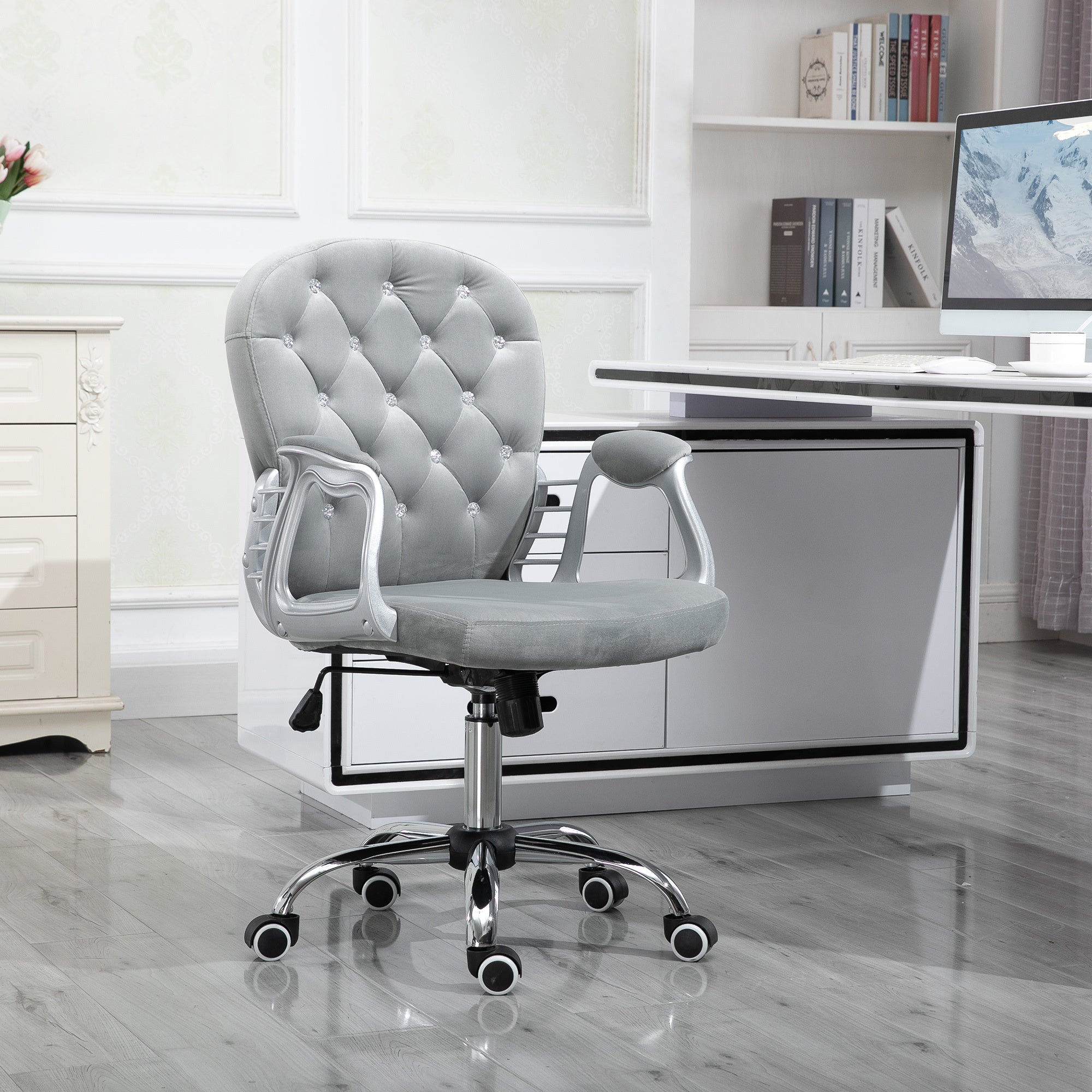 Velvet Home Office Chair, Button Tufted Desk Chair with Padded Armrests, Adjustable Height and Swivel Wheels, Gray - Grand Go