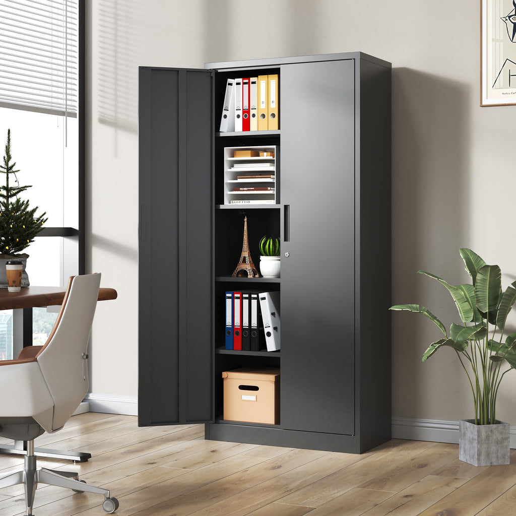 Heavy Metal 72'H Garage Storage Cabinet with Locking Doors, Black Steel, Adjustable Shelves - Grand Goldman
