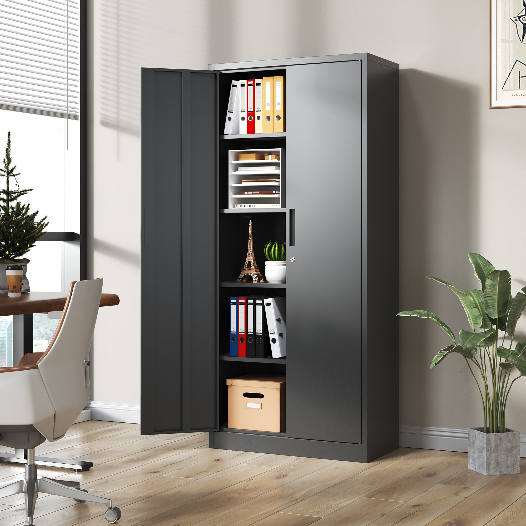 Heavy Metal 72'H Garage Storage Cabinet with Locking Doors, Black Steel, Adjustable Shelves - Grand Goldman