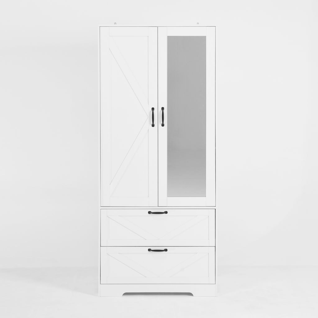 2 Door Wood Wardrobe for Bedroom with Hanging Clothing Rod inside the Cabinet and 2 Drawers for Storage Organization, Built-in induction light Multifunctional Closet with Mirror, White - Grand Goldman Shop