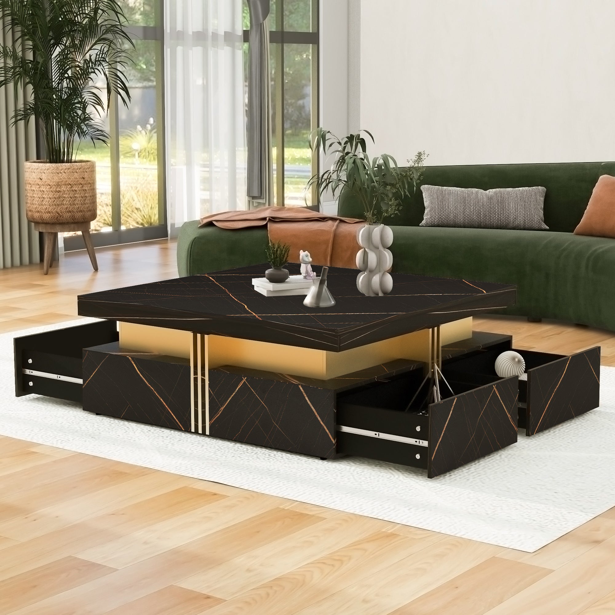 Modern Black Square Storage Coffee Table With 4 Drawers - Grand Goldman Shop