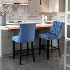 Contemporary Velvet Upholstered Barstools with Button Tufted Decoration and Wooden Legs, and Chrome Nailhead Trim, Leisure Style Bar Chairs,Bar stools, Set of 2 (Blue),SW2002BL - Grand Goldman Shop