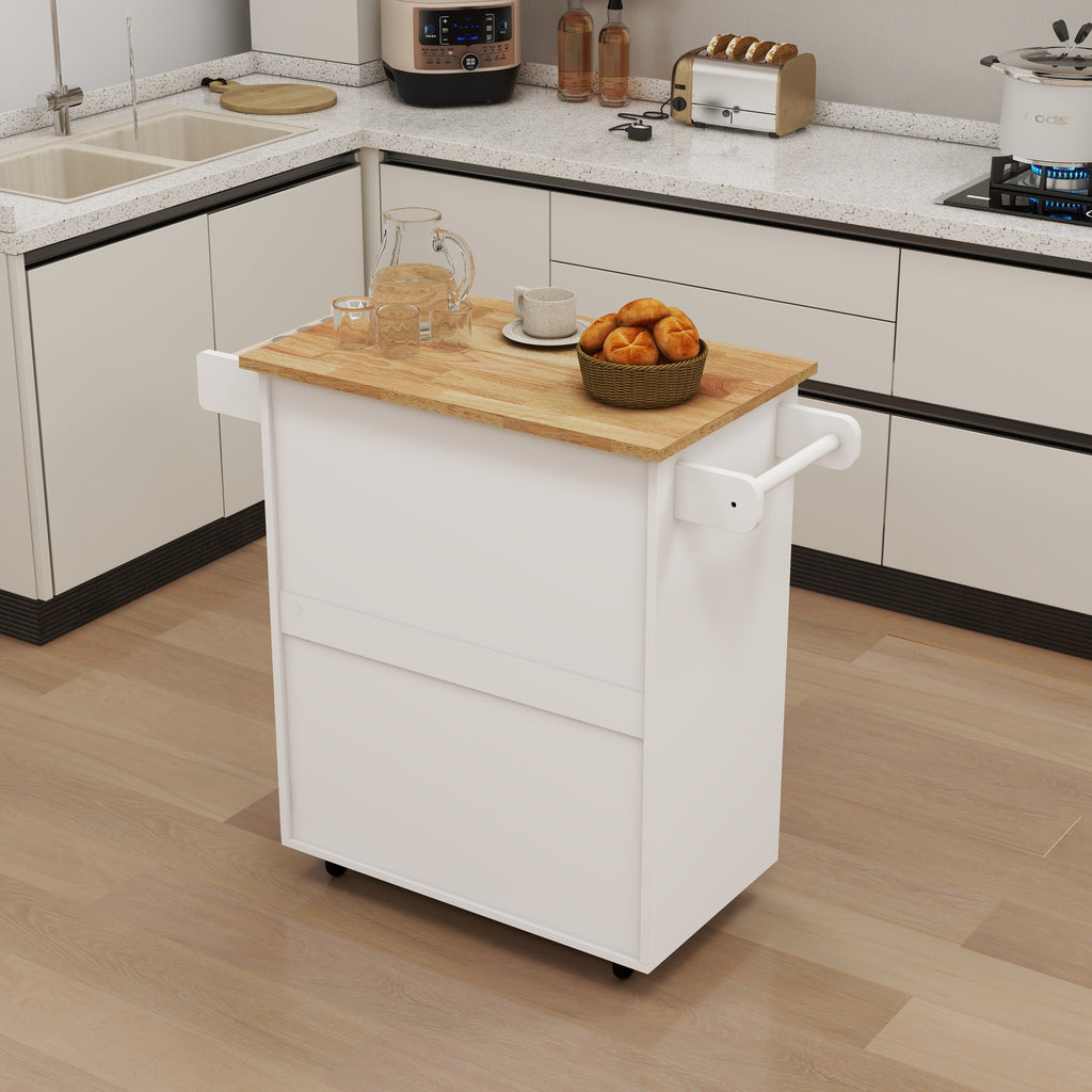 Kitchen island rolling trolley cart with Adjustable Shelves & towel rack & seasoning rack rubber wood table top-White - Grand Goldman Shop