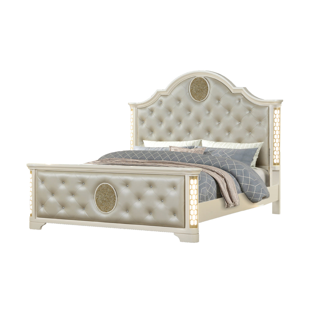 Jasmine Queen 5 Pc LED Bedroom Set in Beige made with Wood and Gold Accents - Grand Goldman Shop