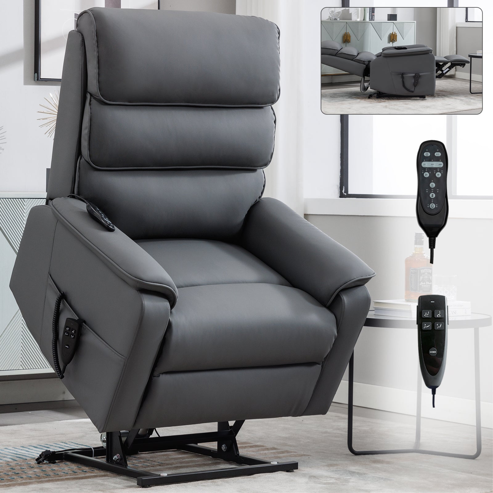 Grey Cat-proof Leather Dual Motor Infinite Position Up to 350 LBS Power Lift Recliner Chair with Power-Remote, Heat Massage and Heavy Duty Motion Mechanism - Grand Goldman Shop