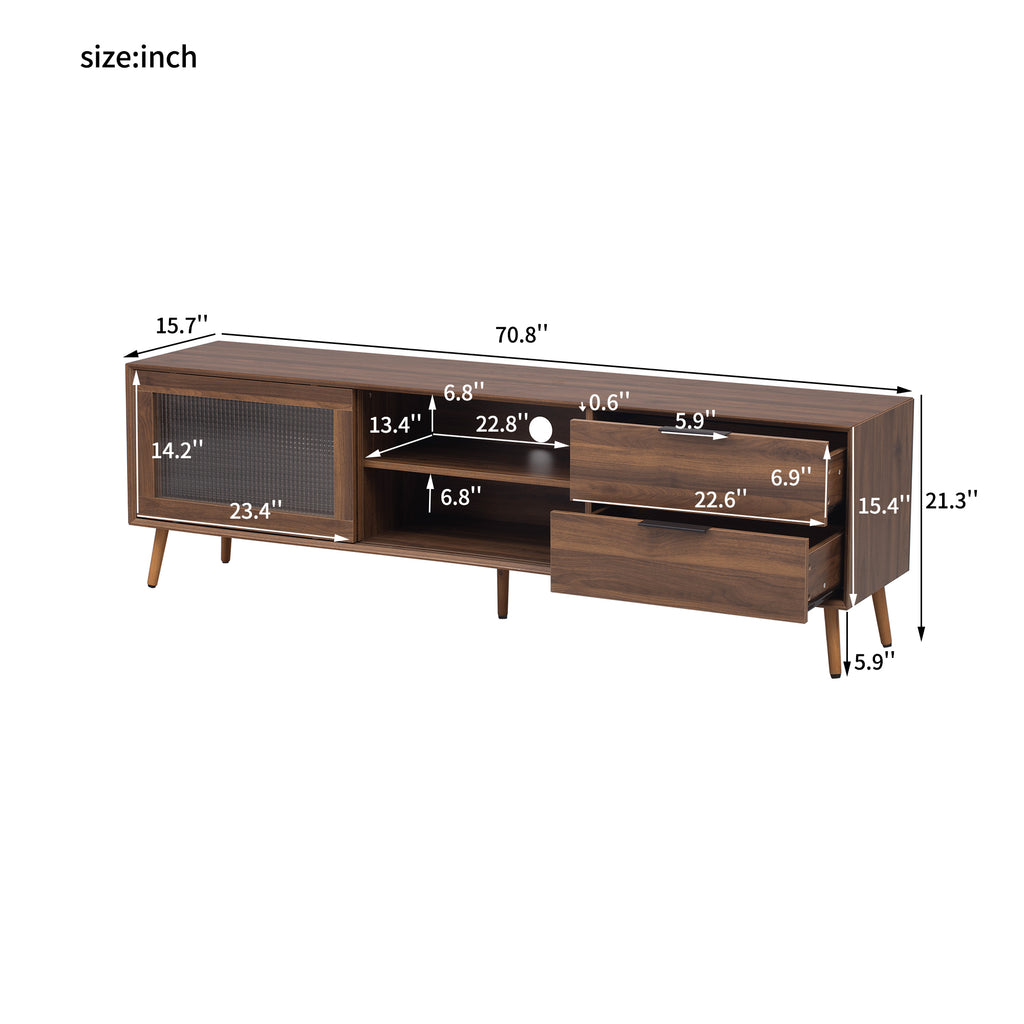 Modern Walnut TV Stand for 75+ TV, 70' Media Console with 2 Glass Doors, 2 Drawers & Storage Cabinet, MDF and Solid Wood Construction - Grand Goldman Shop