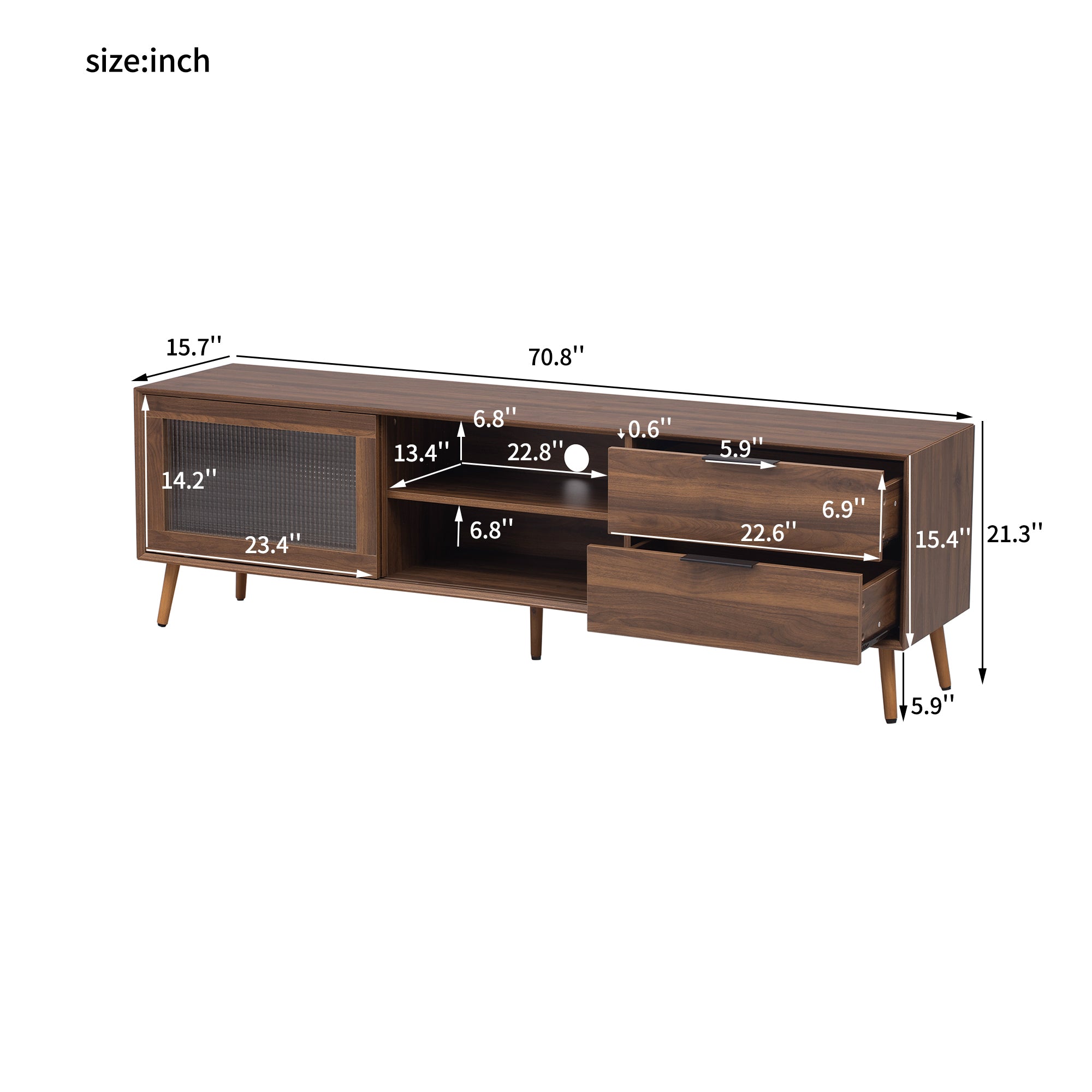Modern Walnut TV Stand for 75+ TV, 70' Media Console with 2 Glass Doors, 2 Drawers & Storage Cabinet, MDF and Solid Wood Construction - Grand Goldman Shop