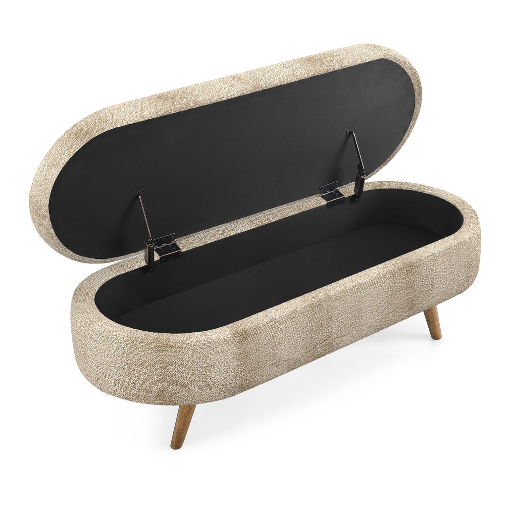 Ottoman Oval Storage Bench with Rubber Wood Legs, Gray Fabric, 43.5'x16'x16' - Grand Goldman Shop