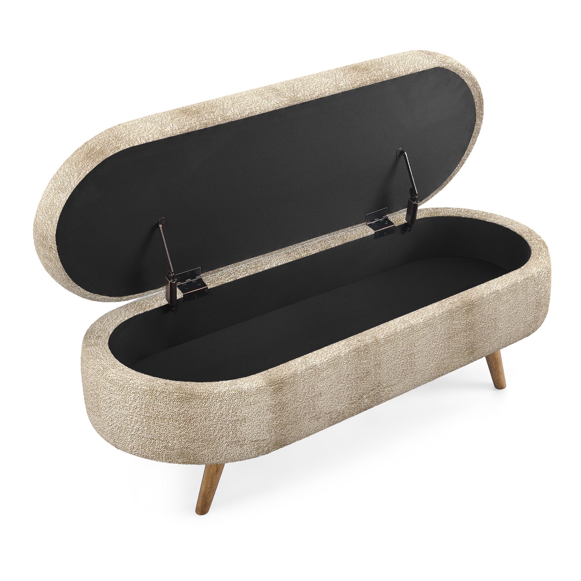 Ottoman Oval Storage Bench with Rubber Wood Legs, Gray Fabric, 43.5'x16'x16' - Grand Goldman Shop