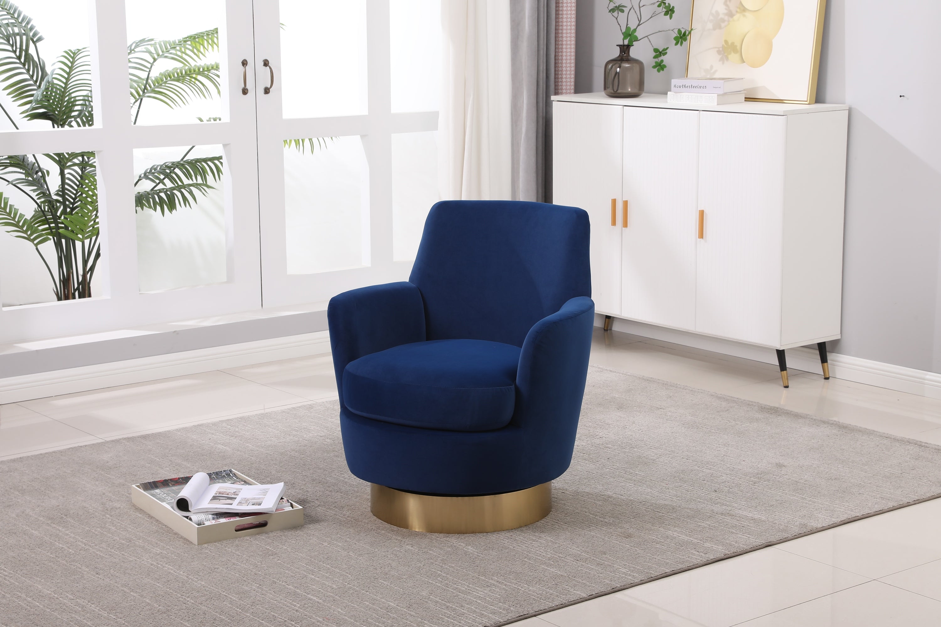Velvet Swivel Barrel Chair, Swivel Accent Chairs Armchair for Living Room, Reading Chairs for Bedroom Comfy, Round Barrel Chairs with Gold Stainless Steel Base (Navy) - Grand Goldman Shop