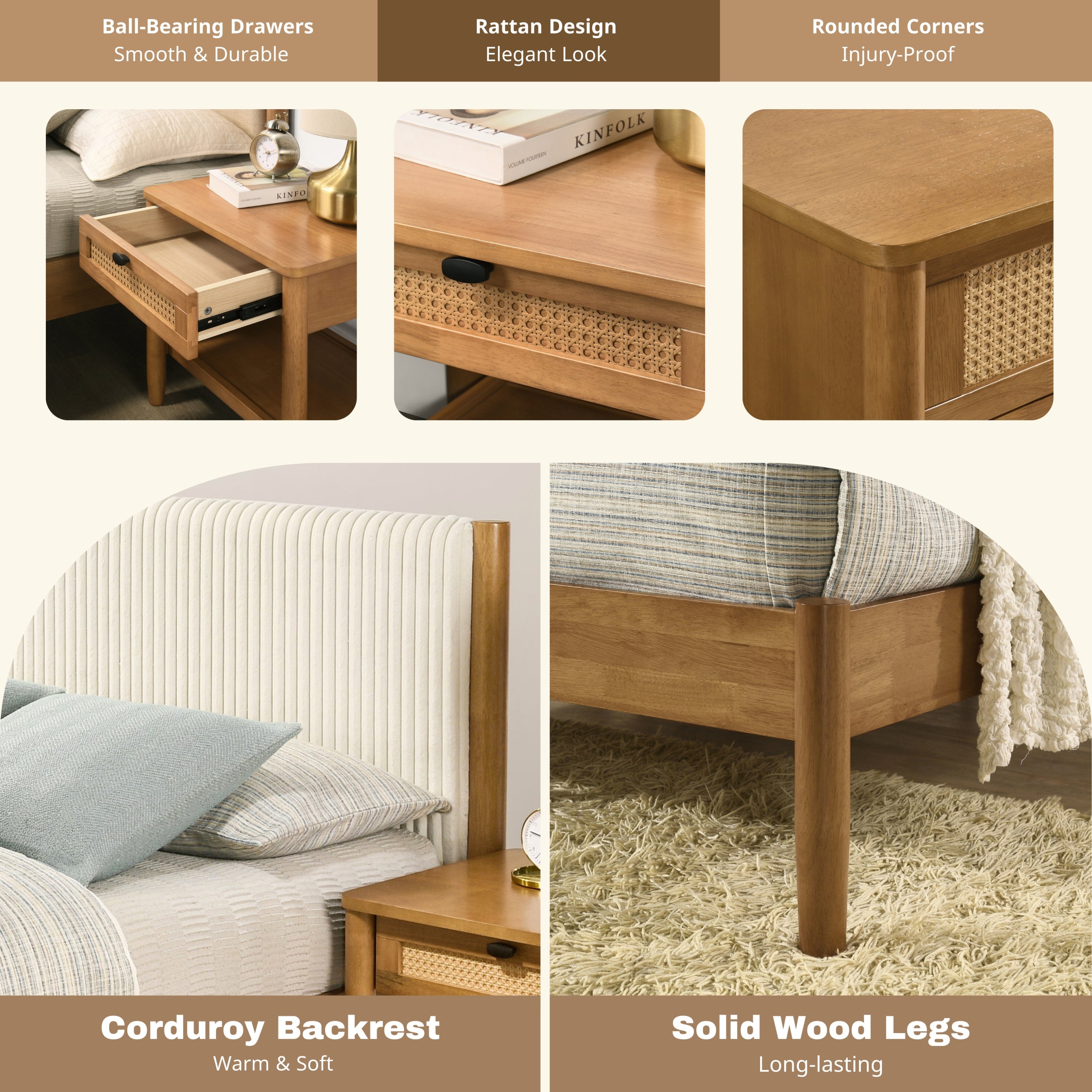 Vichy 2-Piece Rubberwood Corduroy Bedroom Set, Platform Bed with Nightstand, Queen - Grand Goldman Shop