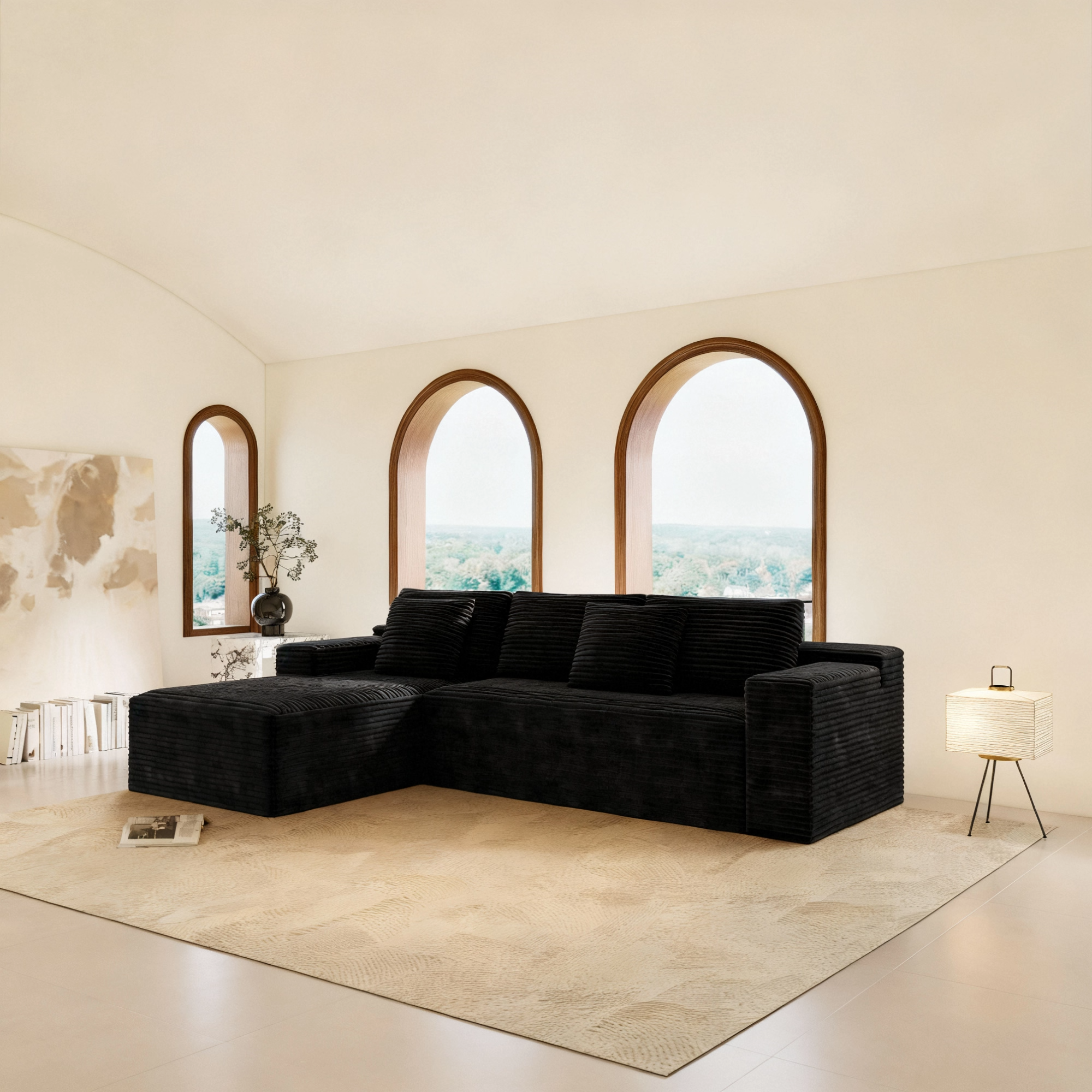 104.3*68.9'Modular sectional sofa seat,Upholstered compressed couch for living room,Bedroom,Apartment,No assembly required,2PC free combination,Plush corduroy fabric,BLACK - Grand Goldman Shop