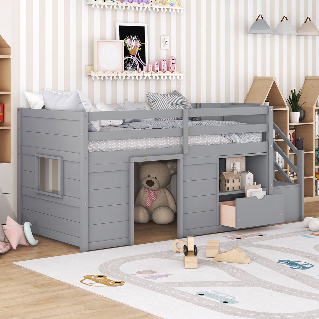Solid Pine Wood Twin Low Loft Bed with Stair, Drawer, and Shelf in Grey Finish - Grand Goldman Shop