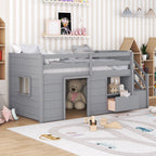 Solid Pine Wood Twin Low Loft Bed with Stair, Drawer, and Shelf in Grey Finish - Grand Goldman Shop