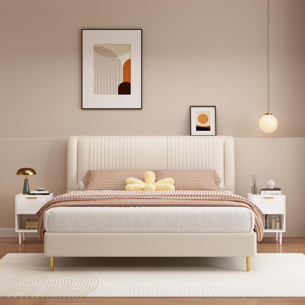 Modern White Nightstand with One Drawer and Open Shelf, Gold-Accented Handle, 22.83'' H, MDF, White - Grand Goldman Shop