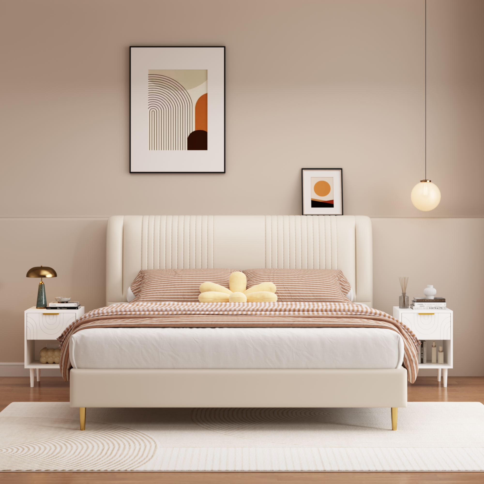 Modern White Nightstand with One Drawer and Open Shelf, Gold-Accented Handle, 22.83'' H, MDF, White - Grand Goldman Shop